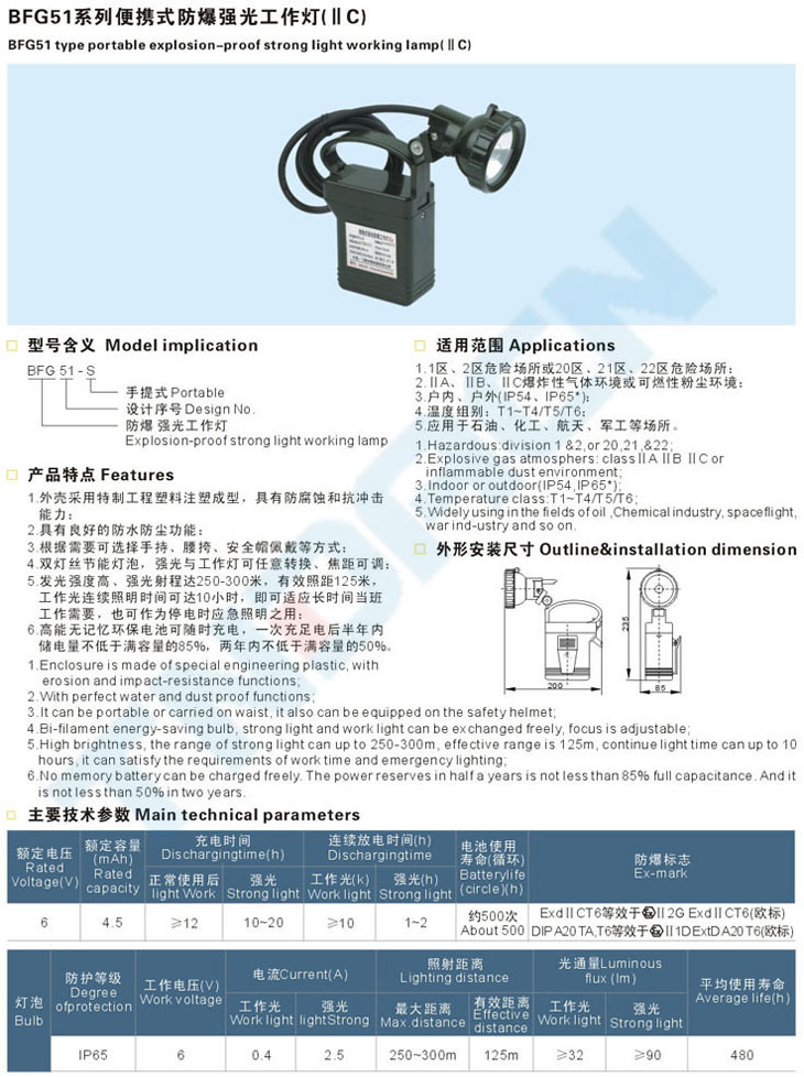 BFG51系列便携式防爆强光工作灯(IIC)